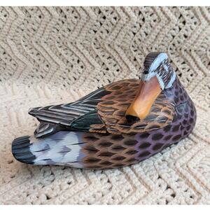 Vintage Hand Painted Wooden Duck Decoy Trinket Box Sleeping Mallard Folk Art
